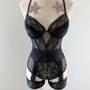 Rave / Festival See-Through Mesh Lace Pushup Bodysuit Outfit Set + Free Gift